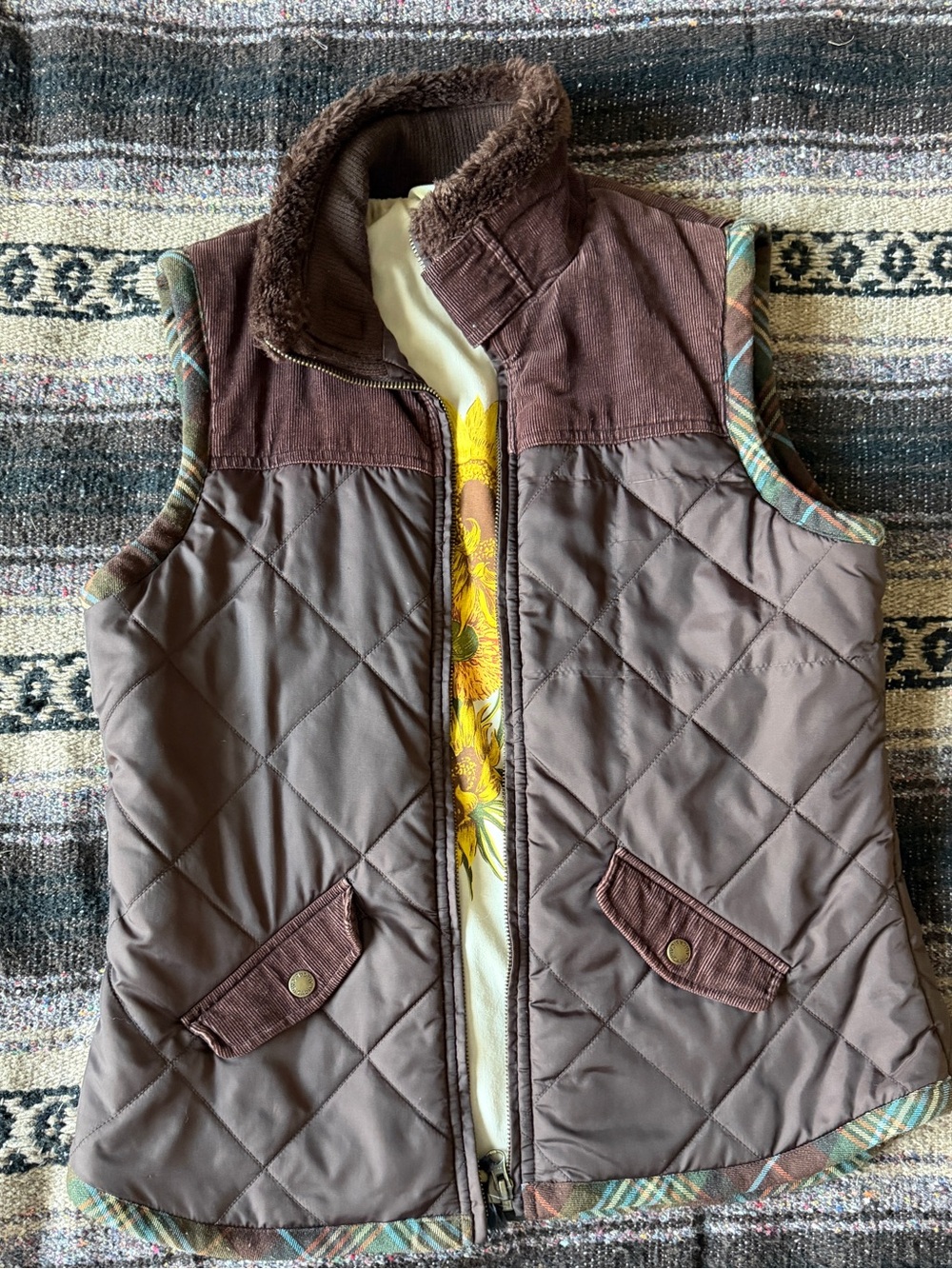 CAbi Quilted Brown Sleeveless Vest with Faux-Fur Collar/ Tartan Trim / Medium